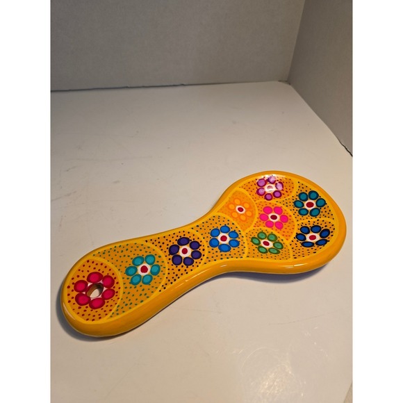 The Unbranded Brand Other - Hand Painted Ceramic Spoon Rest Yellow Floral Dot Art‎ Terracotta Glossy Glaze